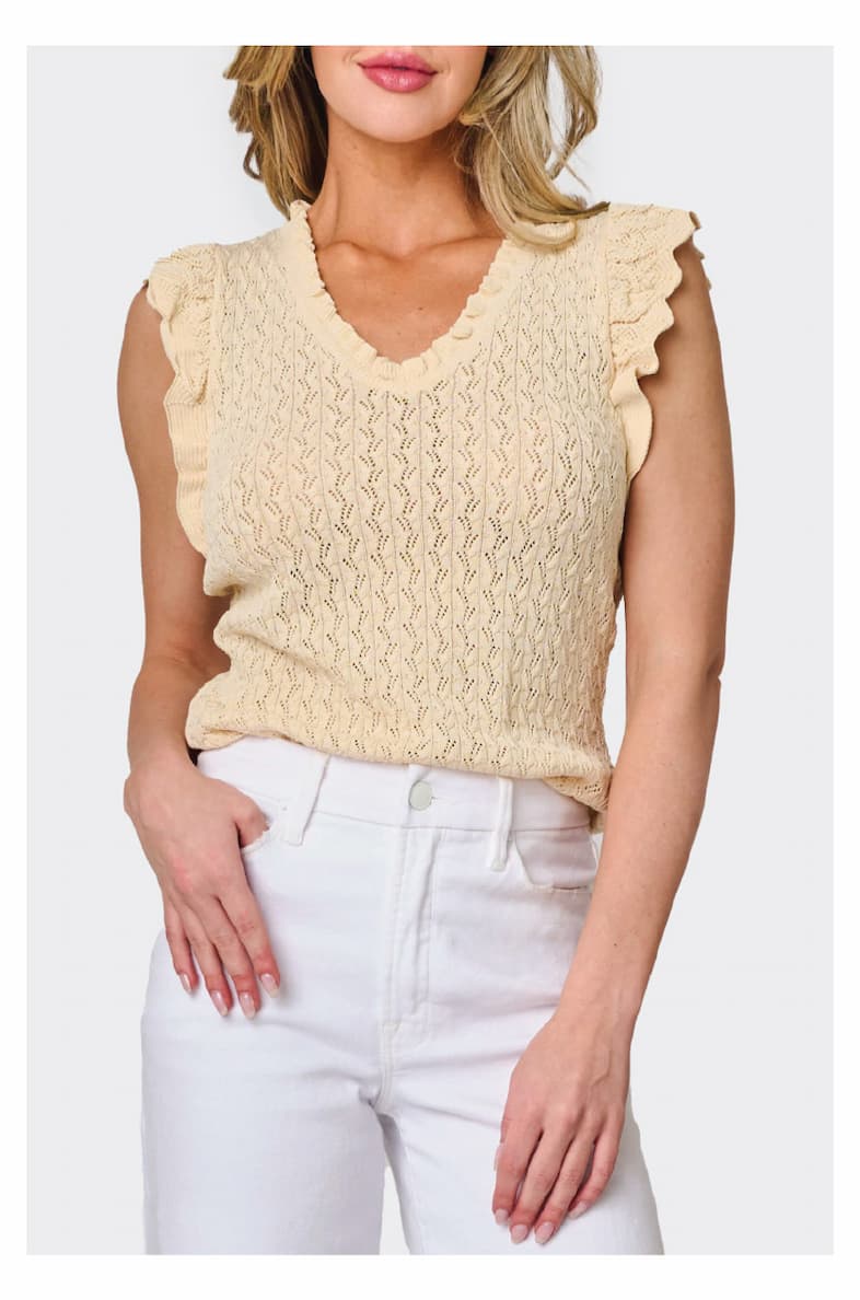  Pointelle Sweater Tank With Flutter Sleeve