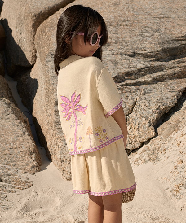 Girl wearing Two Piece Pure Cotton Palm Tree Outfit in Ecru