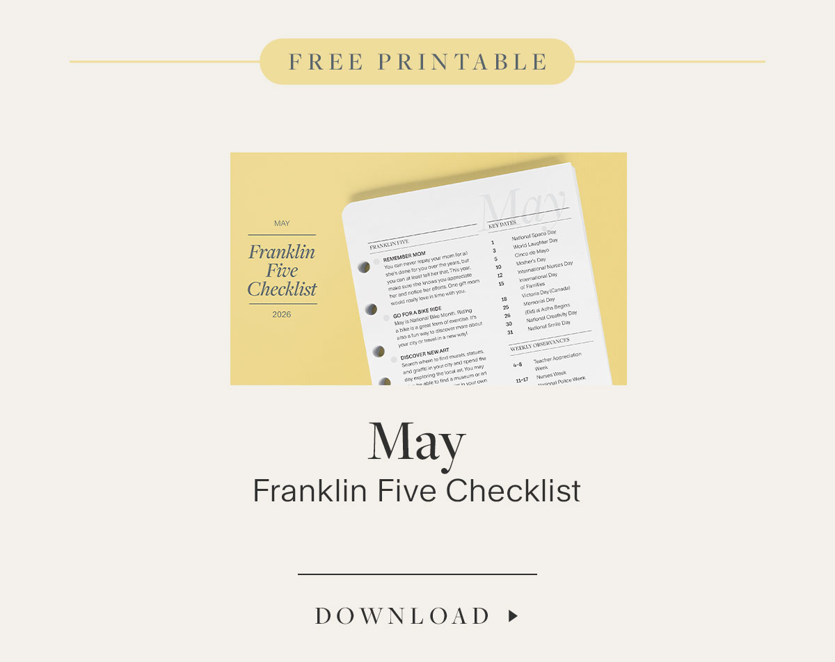Free Printable. May Franklin Five Checklist. Download.
