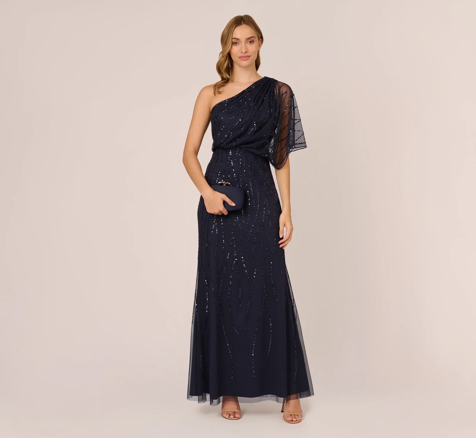 Image of Draped One Shoulder Dress With Sequin Detail In Dusty Navy