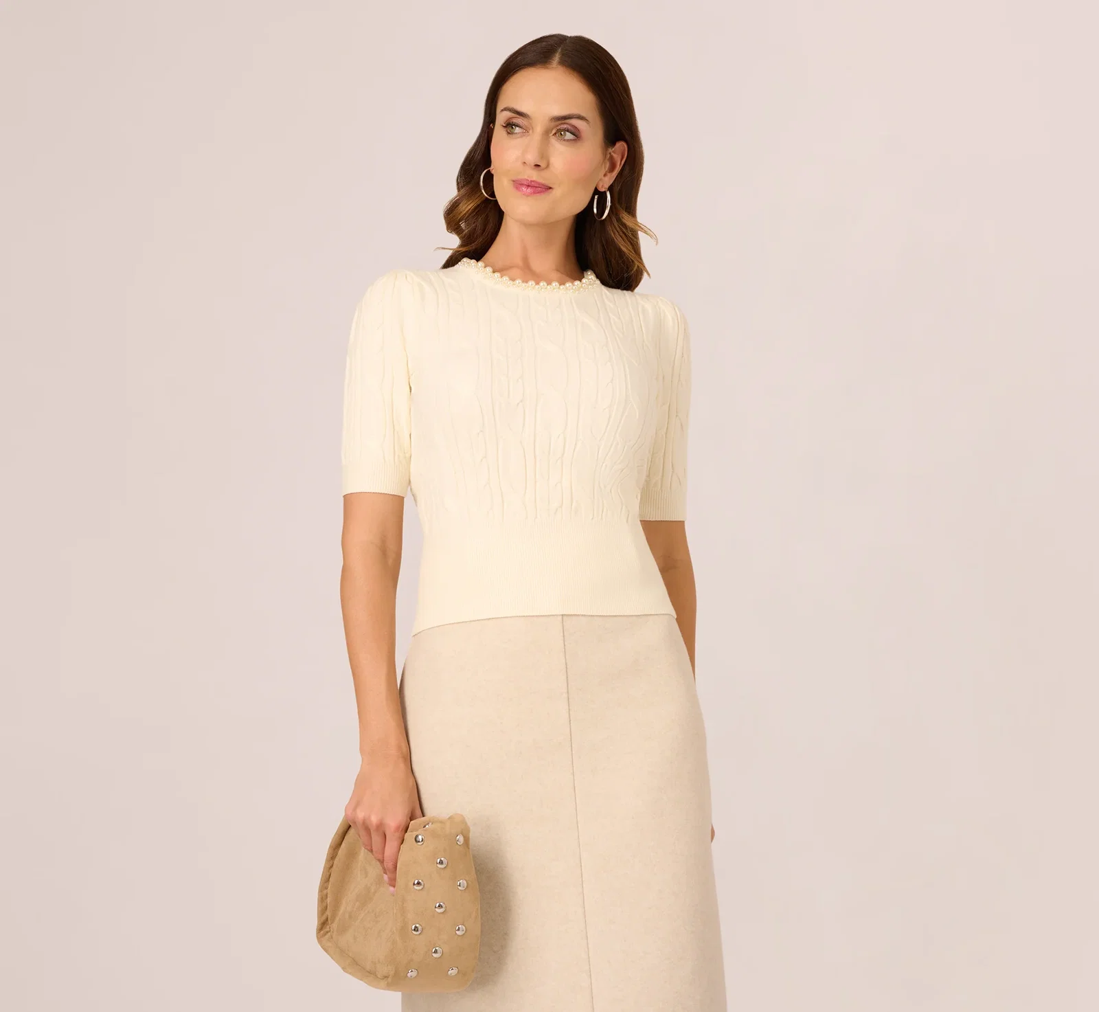 Image of Short Sleeve Pearly Collar Sweater In Sugar Cream