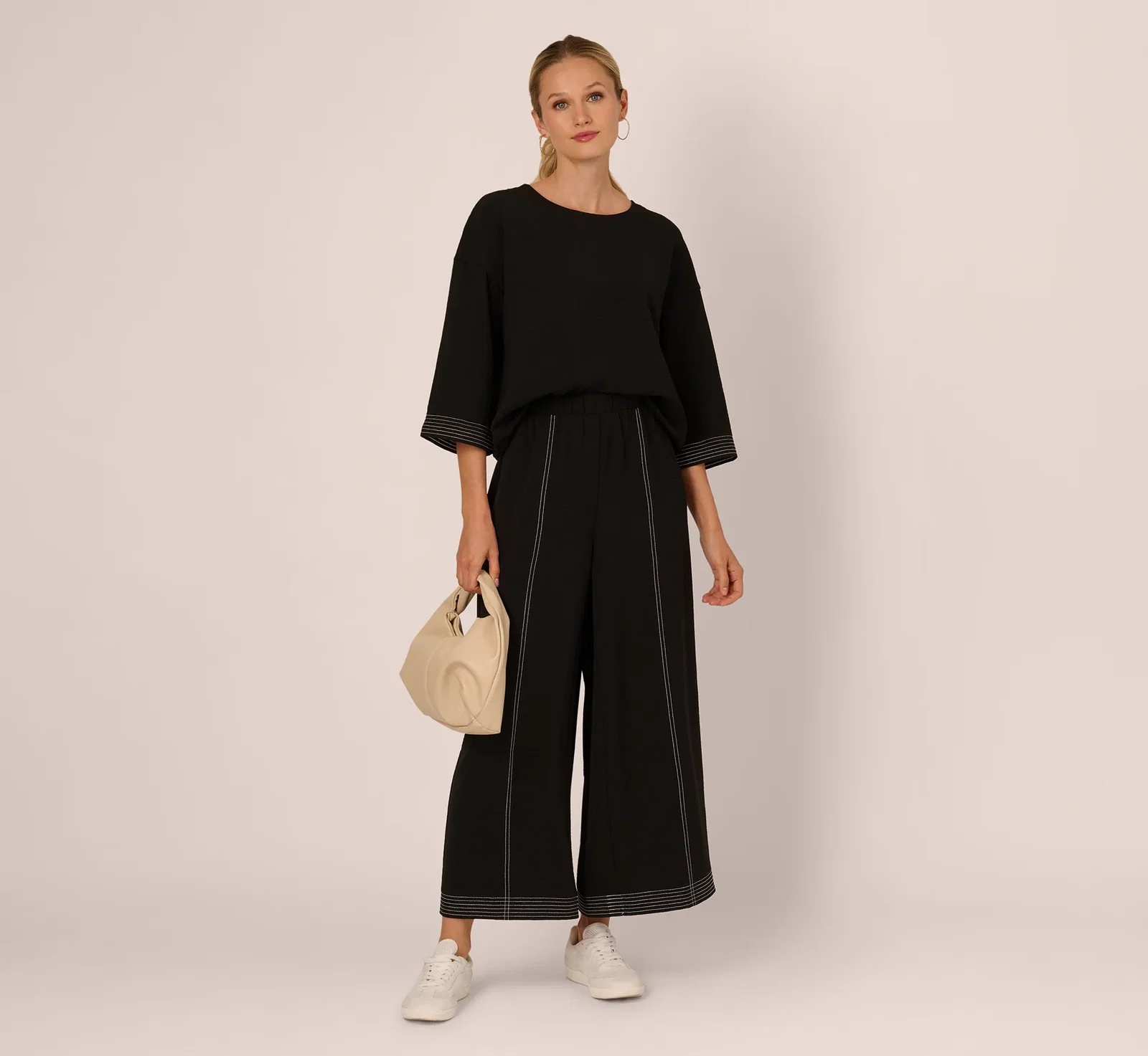 Image of Wide Leg Contrast Stitch Pant In Black Ivory