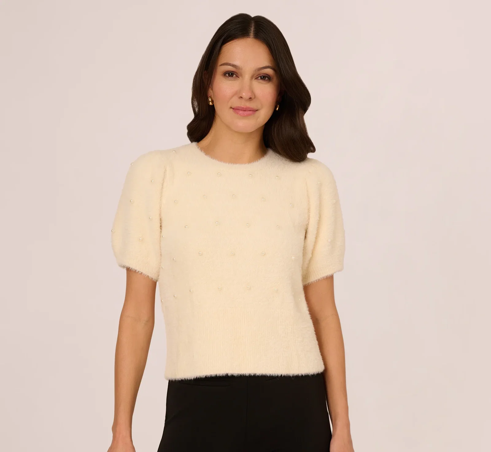Image of Short Sleeve Pearly Fuzzy Sweater In Cream