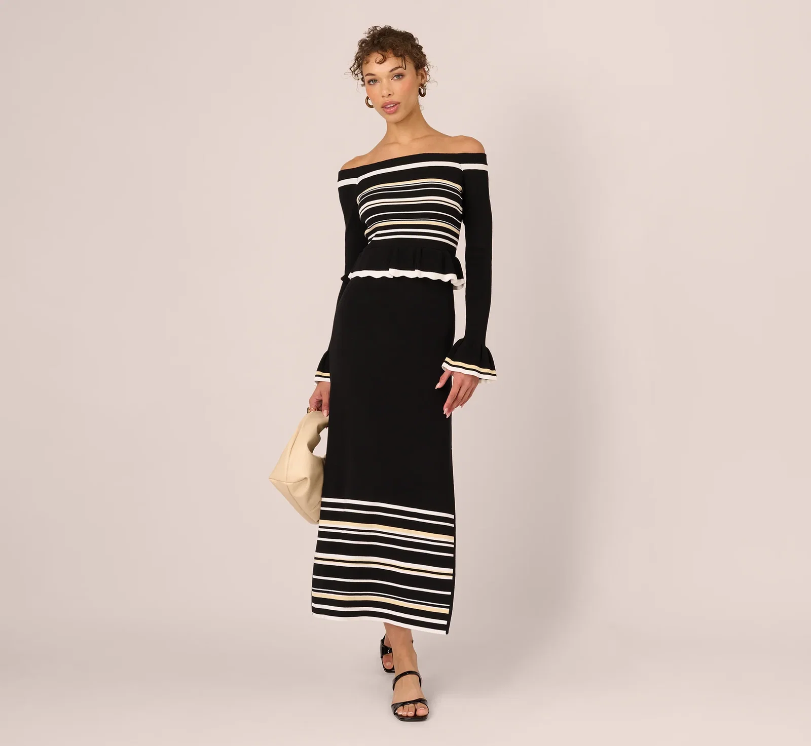 Image of Off Shoulder Bell Sleeve Stretch Midi Dress In Ivory Black