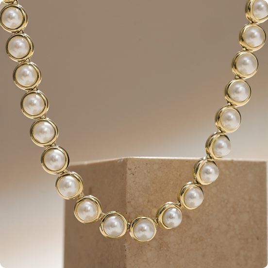 Shy Creation Cultured Pearl Tennis Necklace in 14k Yellow Gold