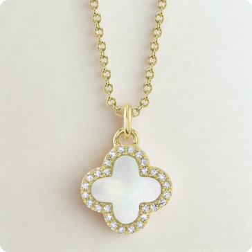 Shy Creation Diamond Mother of Pearl Clover Pendant in 14k Yellow Gold