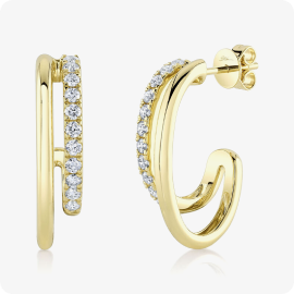 Shy Creation .58ctw. Diamond 2-Row Offset Hoop Stud Earrings in 14k Yellow Gold