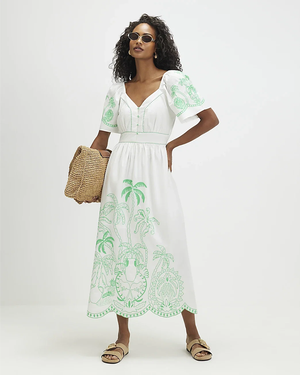 Womens White Cotton Palm Embroidered Maxi Dress