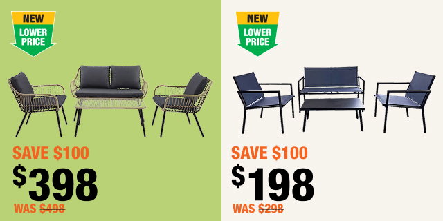 Black wicker patio set priced at $398 and blue steel patio set priced at $198