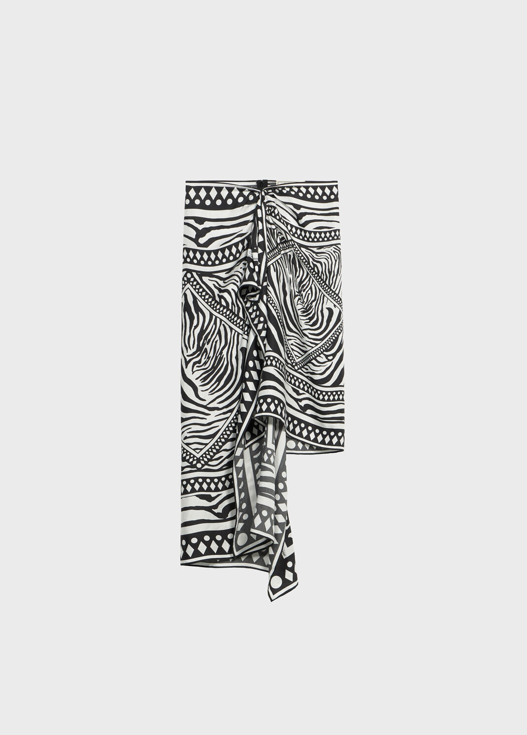 Asymmetrical twill sarong skirt with foulard print
