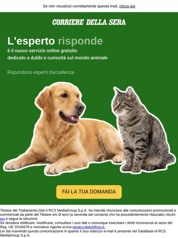 Scrivi a L'Esperto Risponde, il servizio online di domande e risposte di Corriere Animali