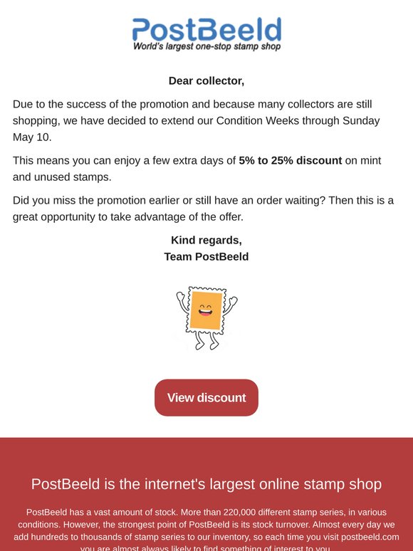 Extended due to success: Mint & unused stamps now through Sunday May 10 with 5–25% discount