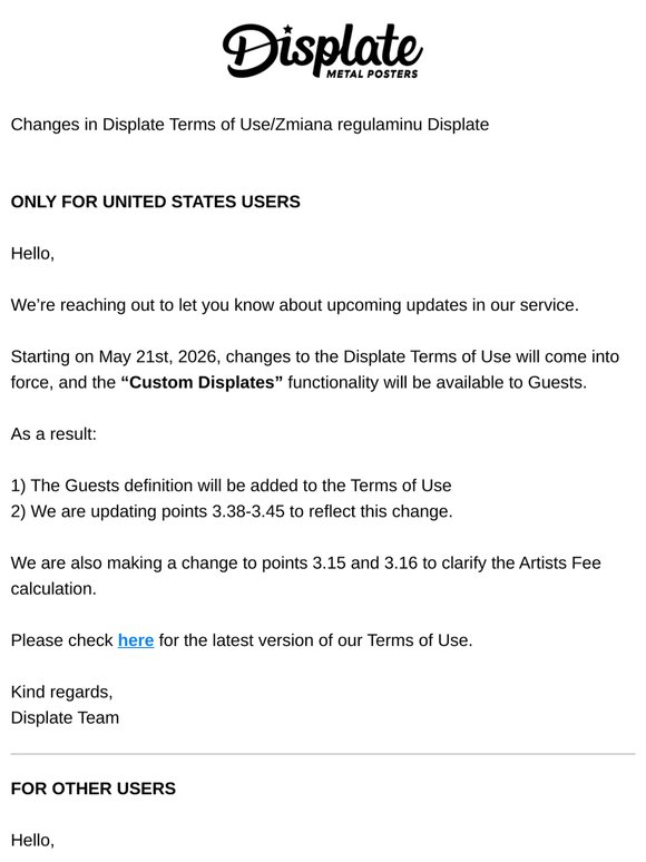Changes in Displate Terms of Use/Zmiana regulaminu Displate