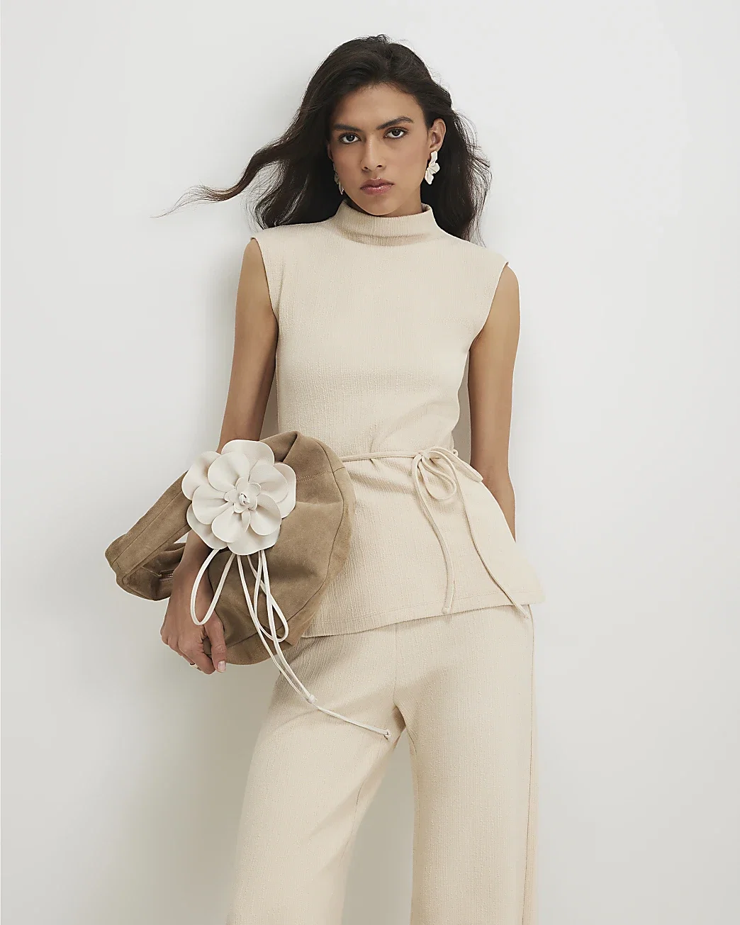Womens Beige Cotton Blend Textured Tie Belt Top