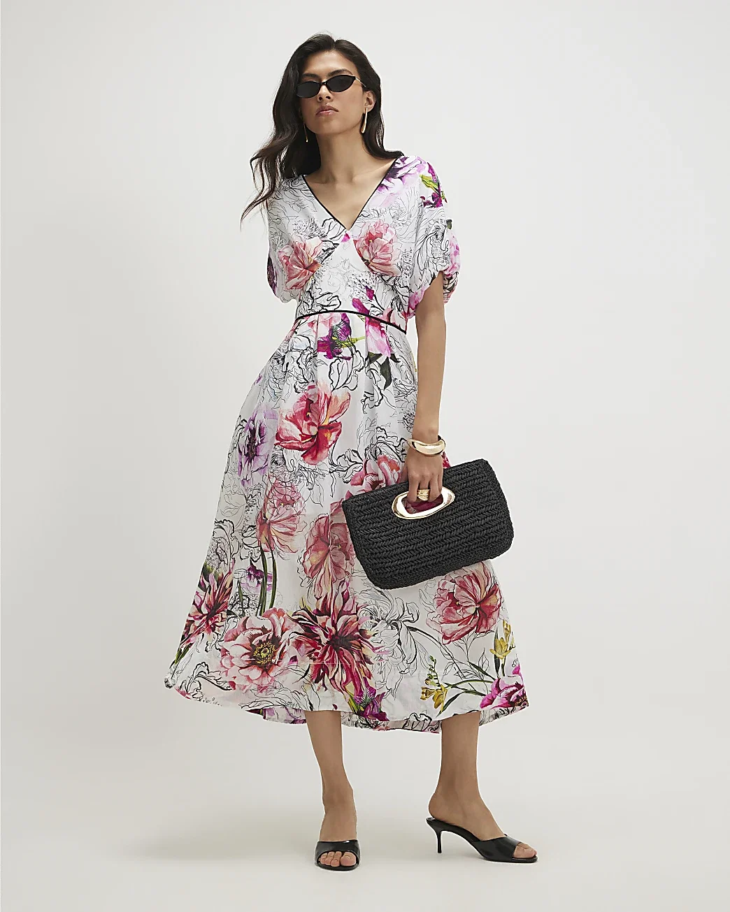 Womens Pink Printed Puff Sleeve Midi Dress