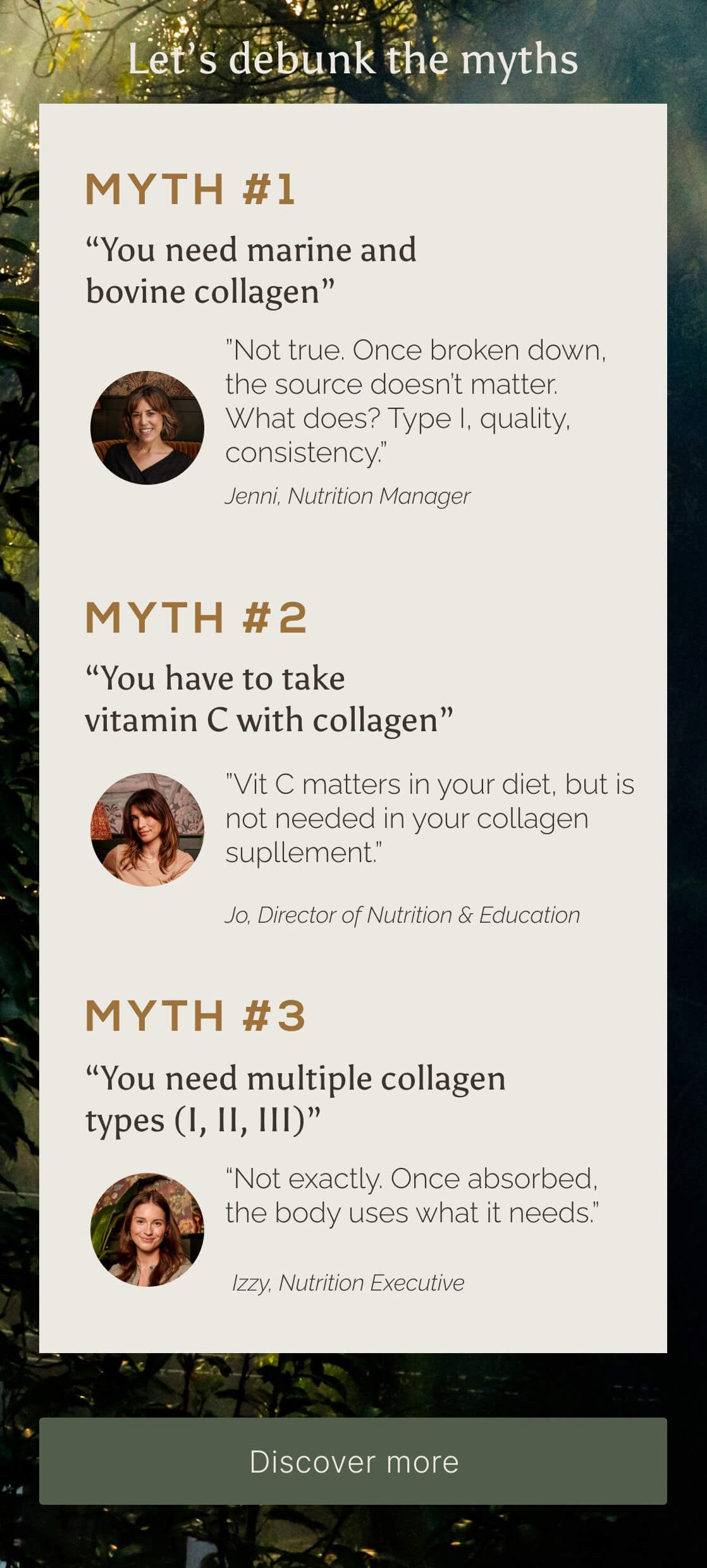 A graphic shows 3 myths and answered by Ancient + Brave's Nutrition team. The title reads 'Let's debunk the myths'. [Discover more]