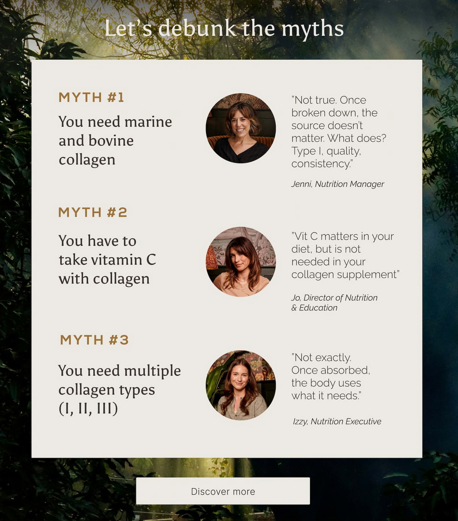 A graphic shows 3 collagen myths answered by Ancient + Brave's Nutrition team. The title reads 'Let's debunk the myths'. [Discover more]