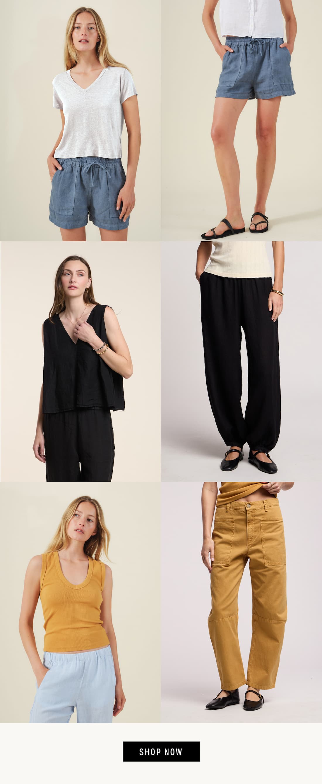 Pictures of models wearing the following styles: Amber Tee and Sutton Short,, Renna Tank and Camber Pant, and Demi Tank and Brylie Pant. Shop Now.