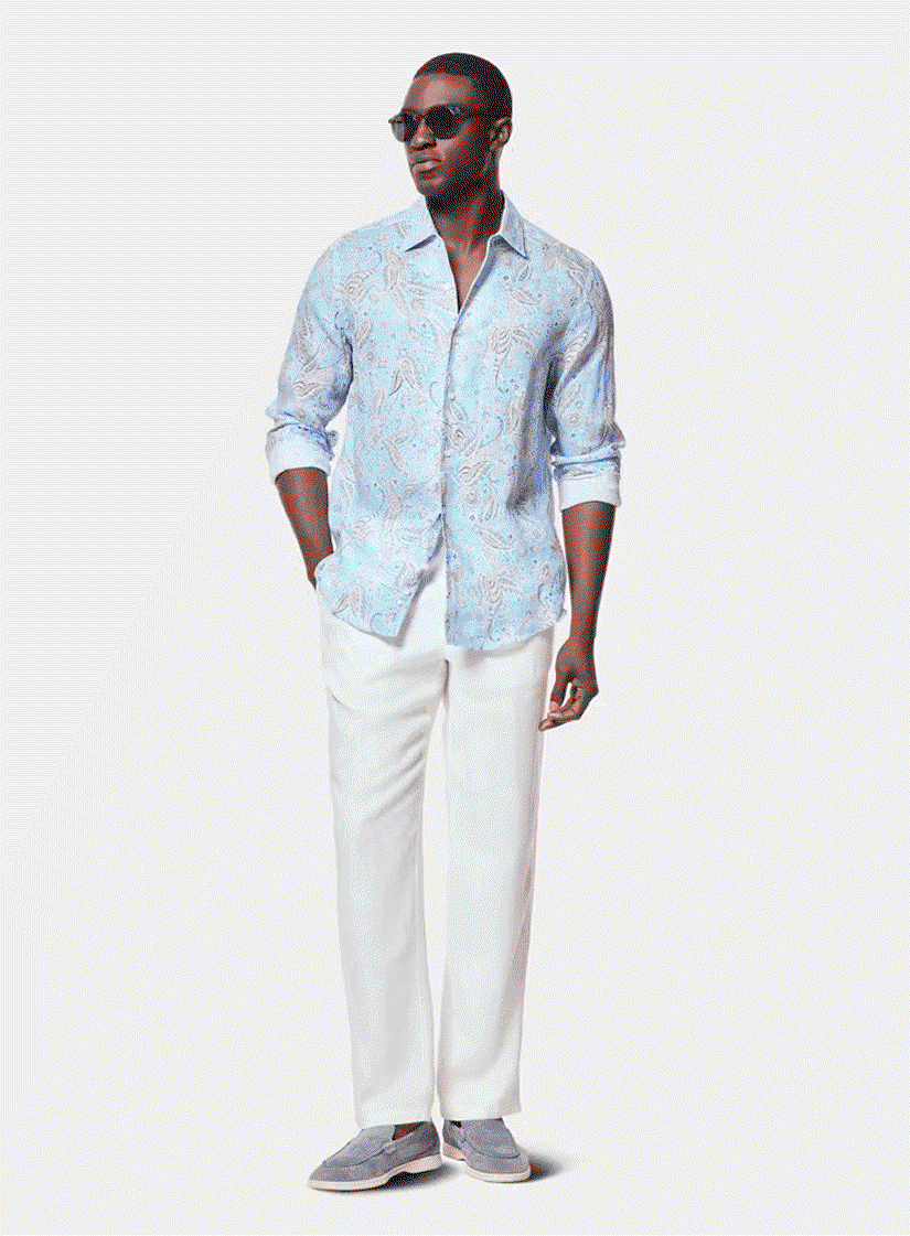 Slim Fit Blue & Brown Paisley Linen Shirt