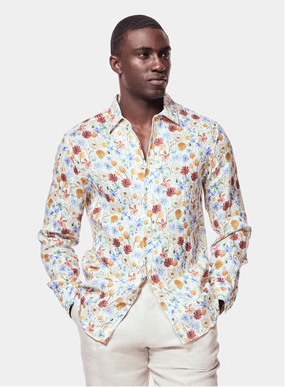 Slim Fit Blue & Orange Floral Linen Shirt