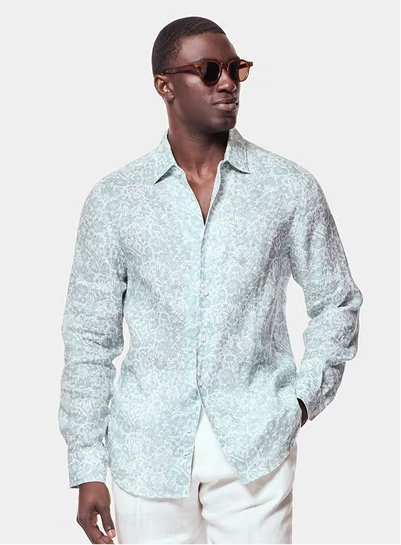 Slim Fit Green & White Floral Linen Shirt