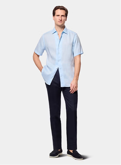 Slim Fit Light Blue Linen Shirt - Short Sleeve