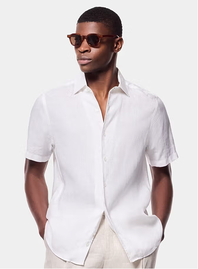 Slim Fit White Linen Shirt - Short Sleeve