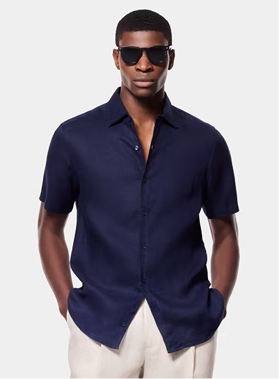 Slim Fit Navy Linen Shirt - Short Sleeve