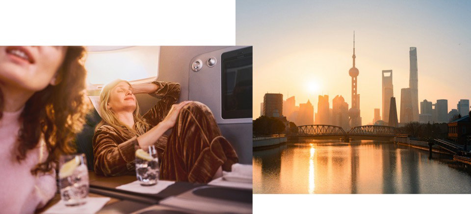 A sinistra: puro relax sopra le nuvole; a destra: alba dorata sullo skyline di Shanghai.