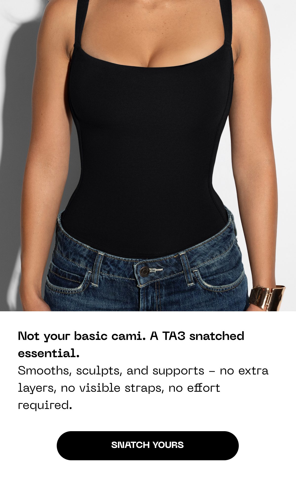 Black bodysuit with jeans, text about its features and a call to action.