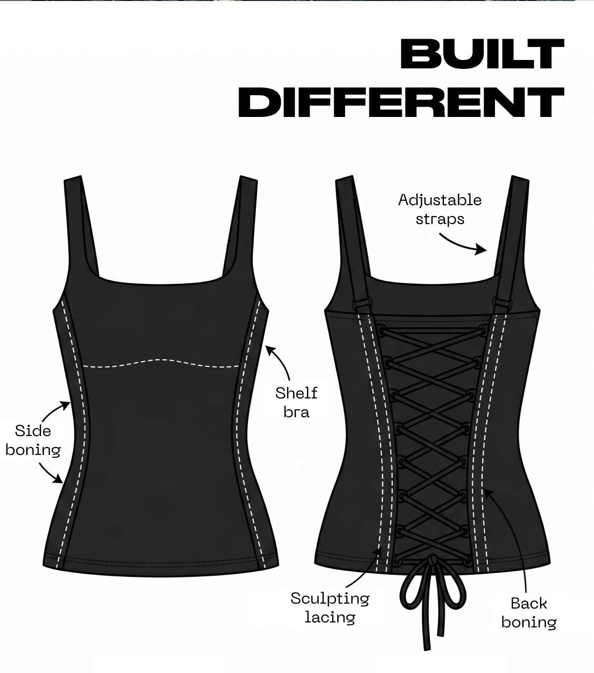 Black tank top design with adjustable straps, side boning, and sculpting lacing details.