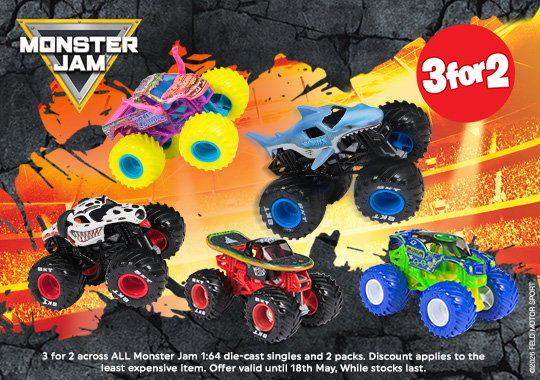 3 for 2 on selected Monster Jam 1:64 Die-Cast Single and 2 packs