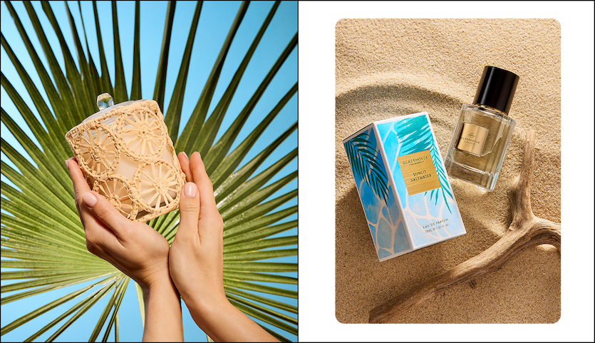 SUNLIT SALTWATER EAU DE PARFUM SITTING IN SAND WITH  A PIECE OF DRIFTWOOD