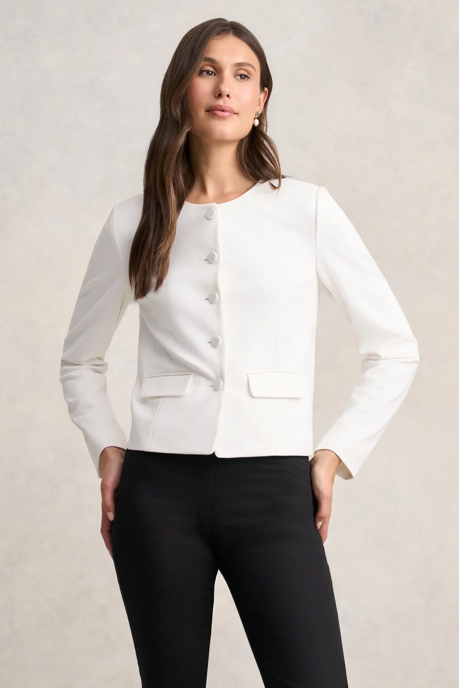Image of Collarless Ponte Jacket - Cream