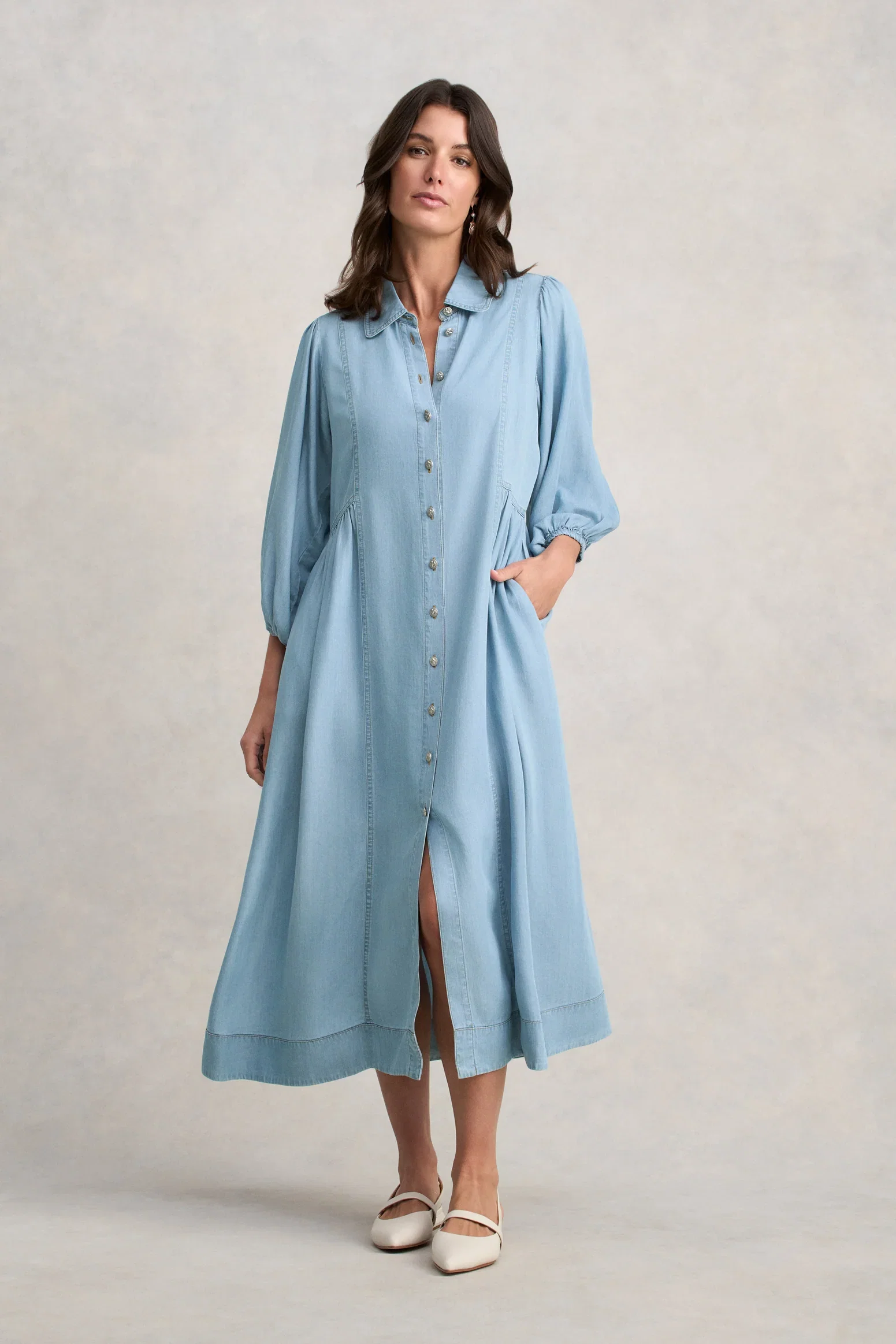 Image of Chambray Puff Sleeve Dress - Light Chambray