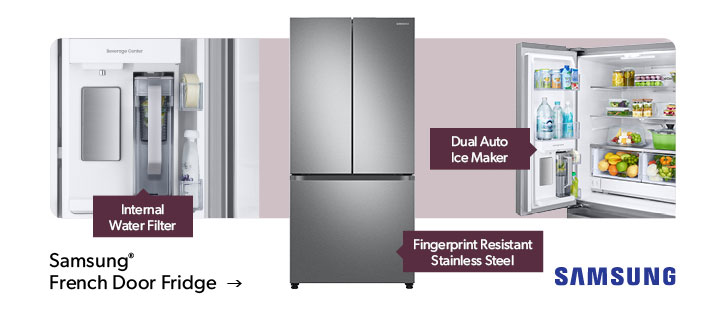 Internal Water Filter, Dual Auto Ice Maker, Fingerprint Resistant Stainless Steel. Click to shop Samsung French Door Fridge
