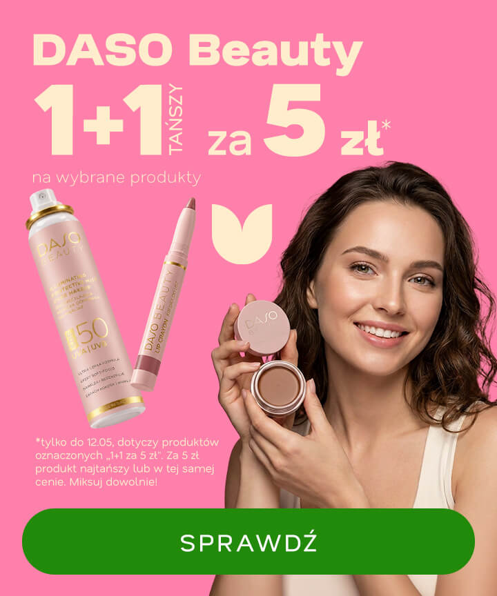 DASO Beauty promotion banner: smiling woman holding compact cream with spray and lip crayon, '1+1 za 5 zł' offer and check button