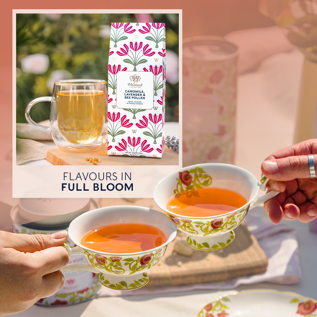 image of english rose ceramics with english rose tea and a polaroid image with 'Flavours in Full Bloom' and an image of camomile, lavender & bee pollen teabags