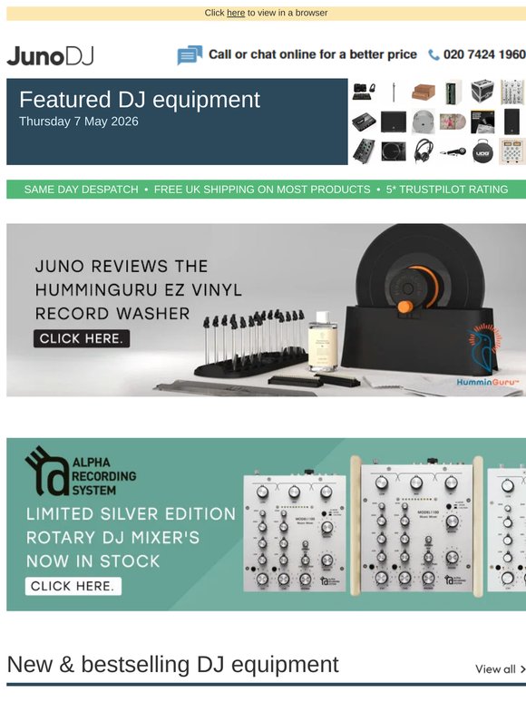 Juno reviews the HumminGuru EZ Vinyl Record Washer + AlphaTheta House Party Starter Bundle now in stock & more DJ equipment news...