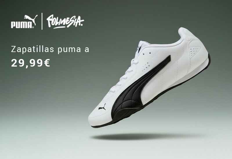 White Puma sneaker with black Formstrip floating on grey background, promotional text showing price 29.99€