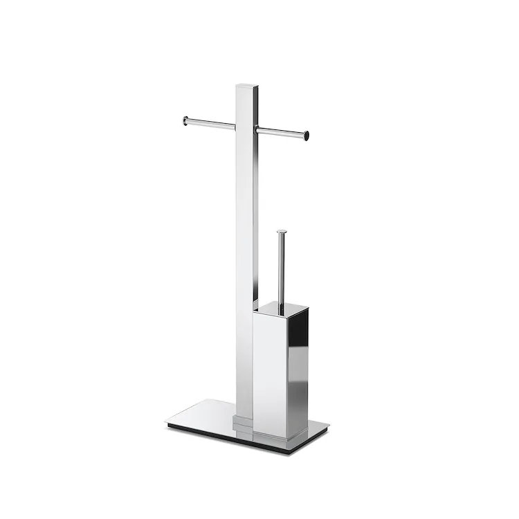 Chrome freestanding toilet-roll holder with horizontal crossbar and integrated toilet brush in square holder on rectangular base