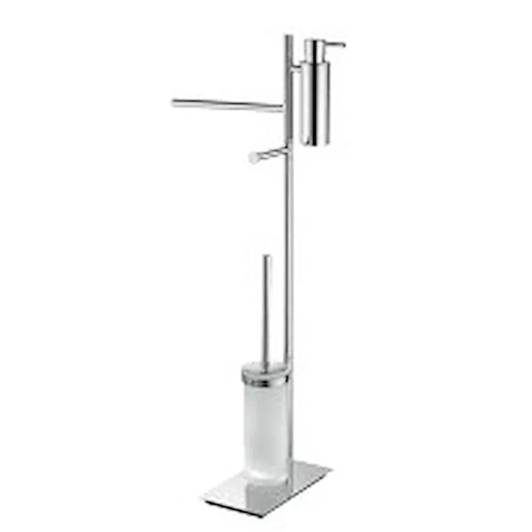 Freestanding chrome toilet-roll holder with integrated frosted glass toilet brush holder and top-mounted soap dispenser