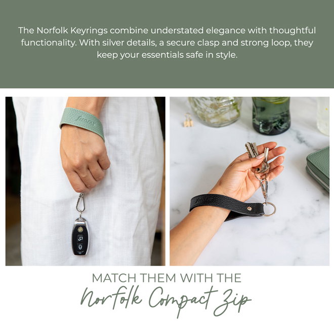 The Norfolk Keyrings combine understated elegance with thoughtful functionality. With silver details, a secure clasp and strong loop, they keep your essentials safe in style. Match them with the Norfolk Compact Zip.
