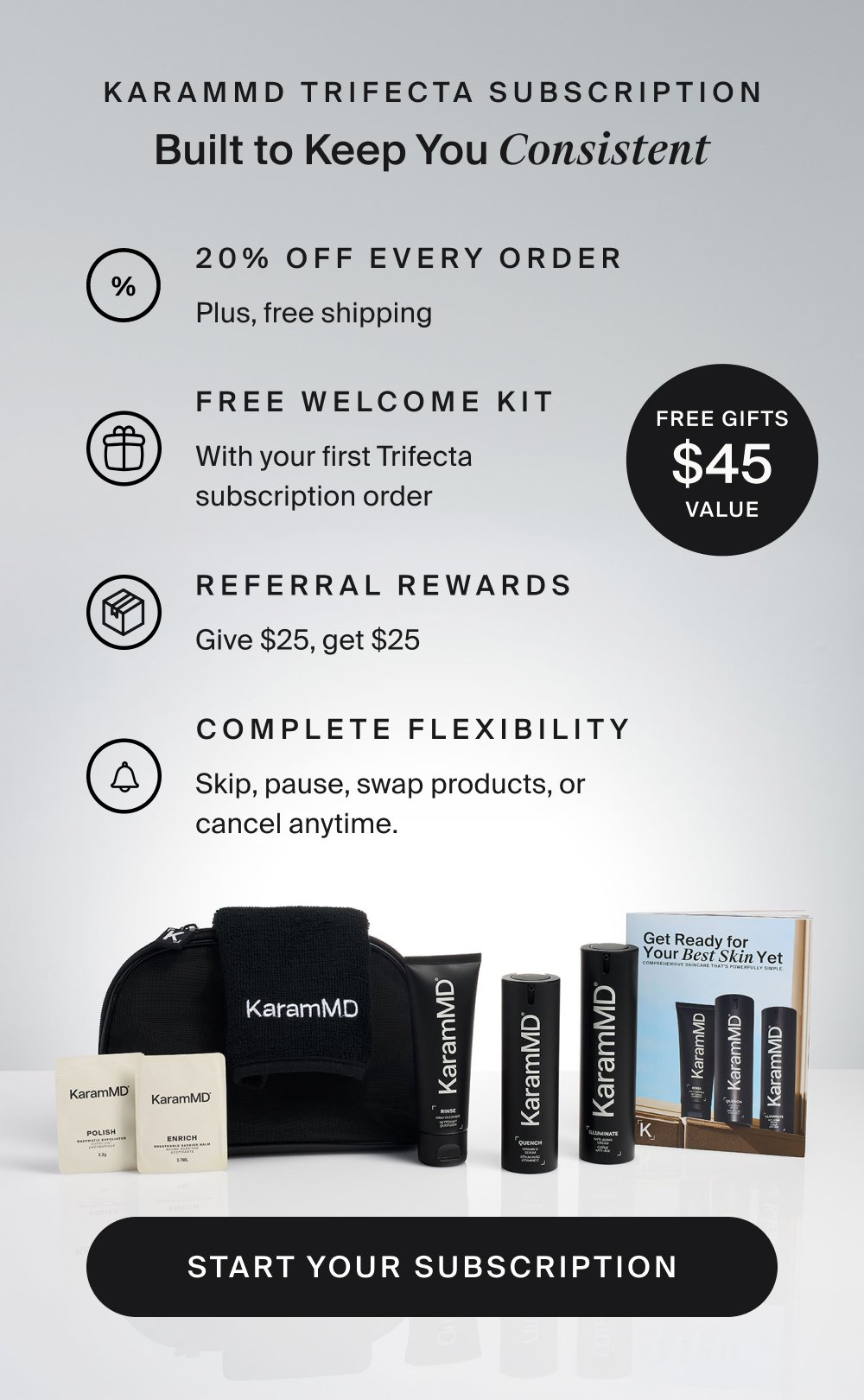 KARAMMD TRIFECTA SUBSCRIPTION Built to Keep You Consistent 20% Off Every Order Plus, free shipping Free Welcome Kit With your first Trifecta subscription order Referral Rewards Give $25, get $25 Complete Flexibility Skip, pause, swap products, or cancel anytime. free gifts $45 value Start Your Subscription
