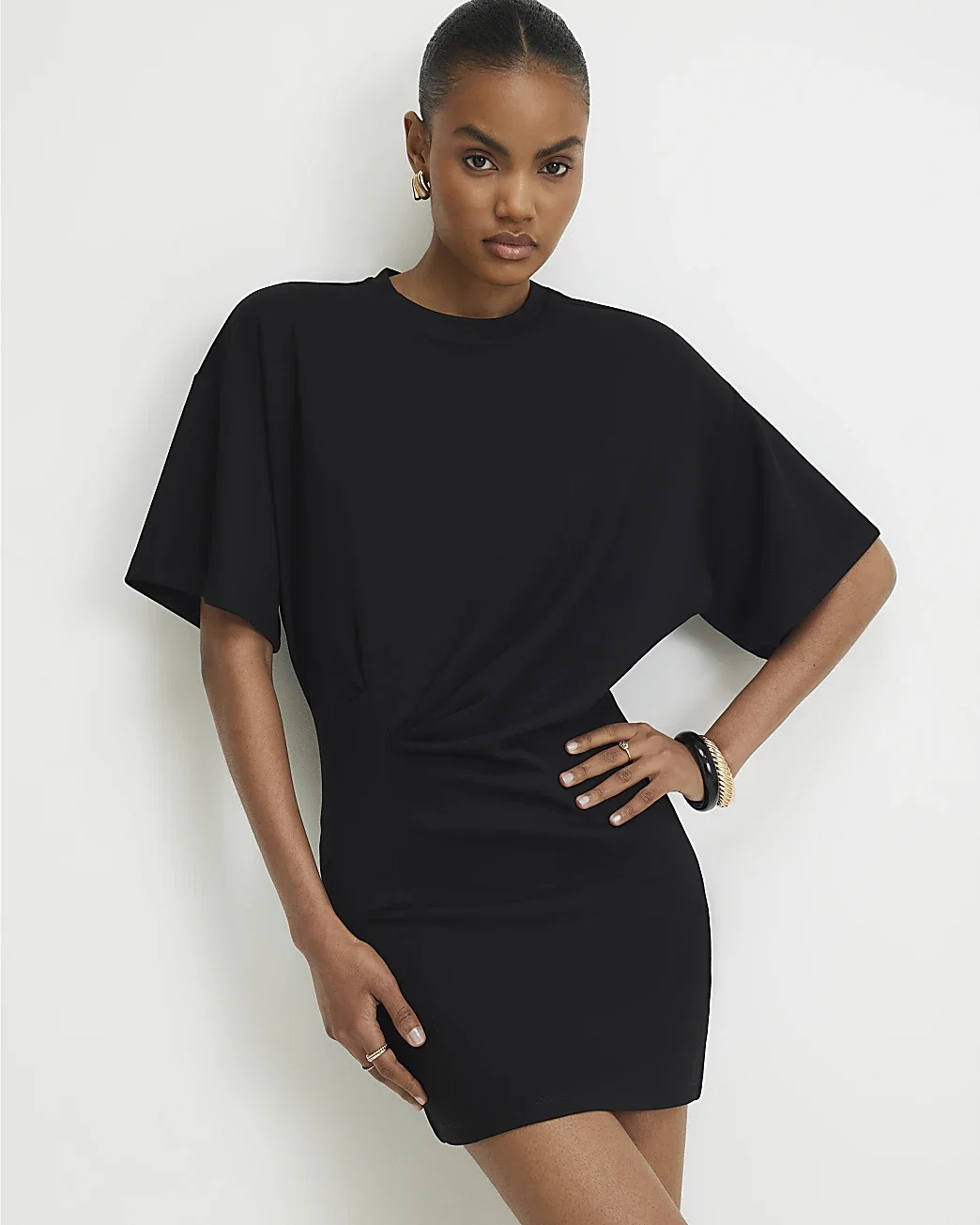 Womens Black Tuck Side Mini Dress