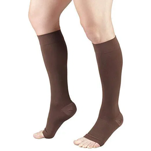 Open Toe Compression Socks 20-30 mmHg Knee High Toeless Stockings - S/M / Brown