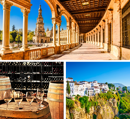 Bild-Collage: Alte Bauten in Sevilla, Weingläser mit Weinfässern im Keller sowie Blick auf schneeweiße Häuser an einer Steinklippe.
