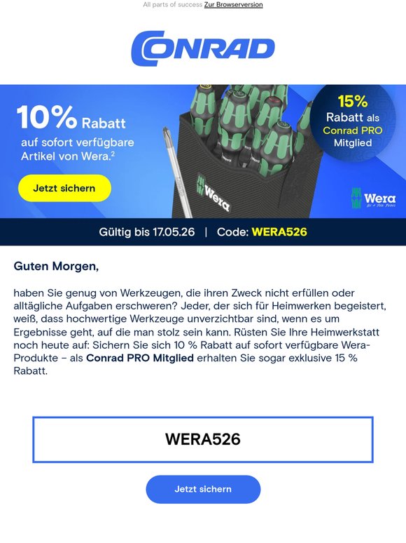 Exklusive Wera-Aktion: 10 % Rabatt auf sofort verfügbare Artikel.