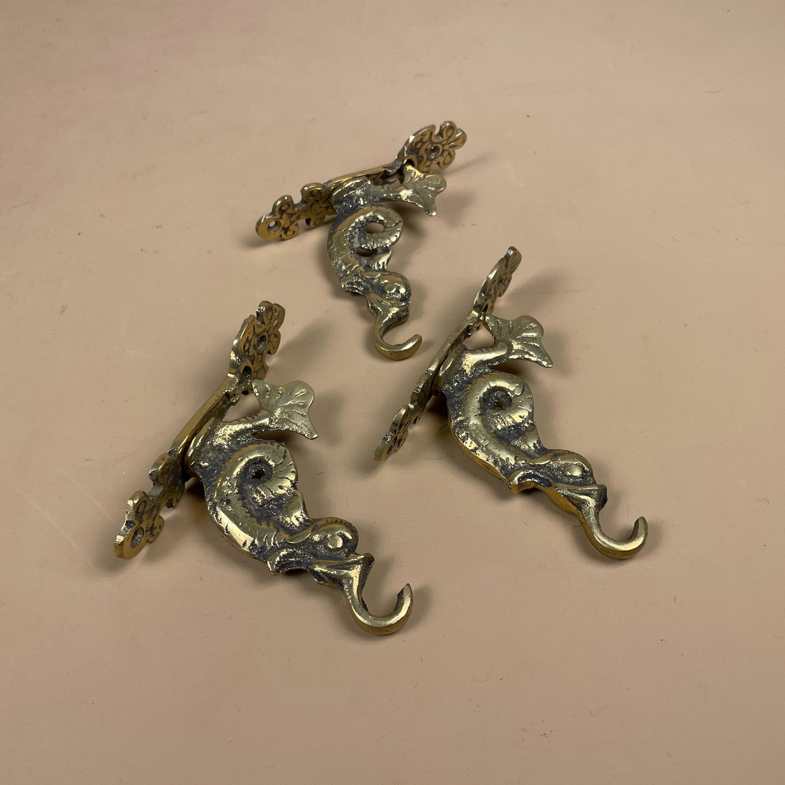 Three Antique Solid Brass Wall Hook Hanging Vintage Coat Hooks Ornate Pattern Aged Fixture Cottage Oriental Chinese Old Set Door Hanger Fish
