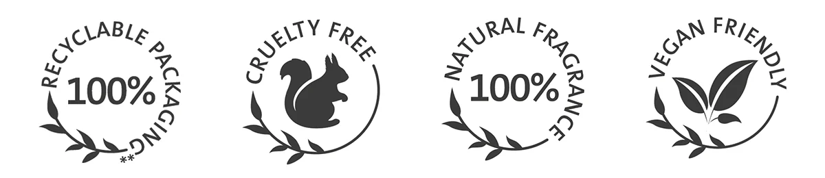 icons of recyclable packaging, cruelty free, 100% natural fragrance and vegan friendly